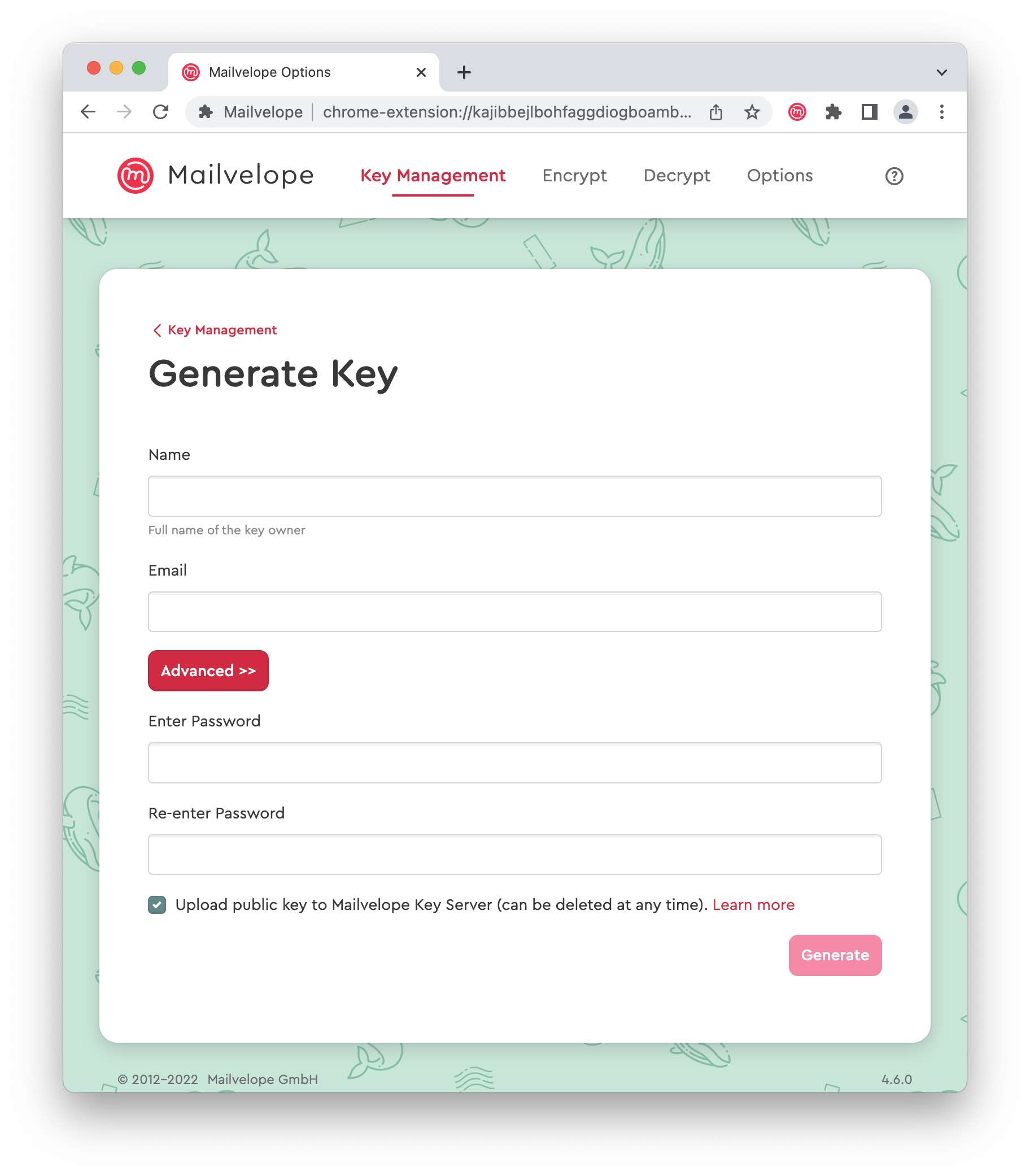Экран ввода Mailvelope для генерации нового ключа