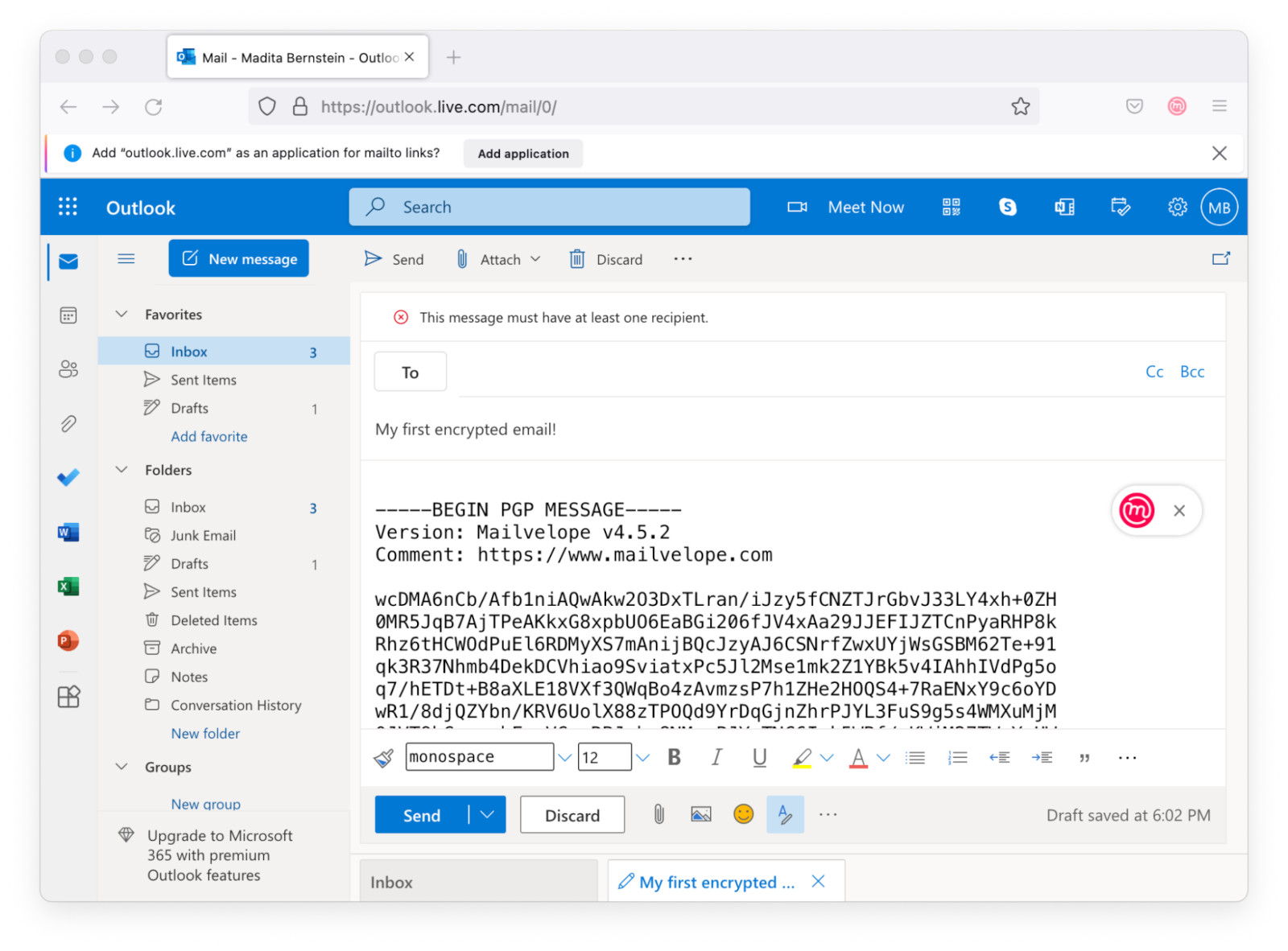 Mailvelope envoie un message chiffré à l'éditeur Outlook.com