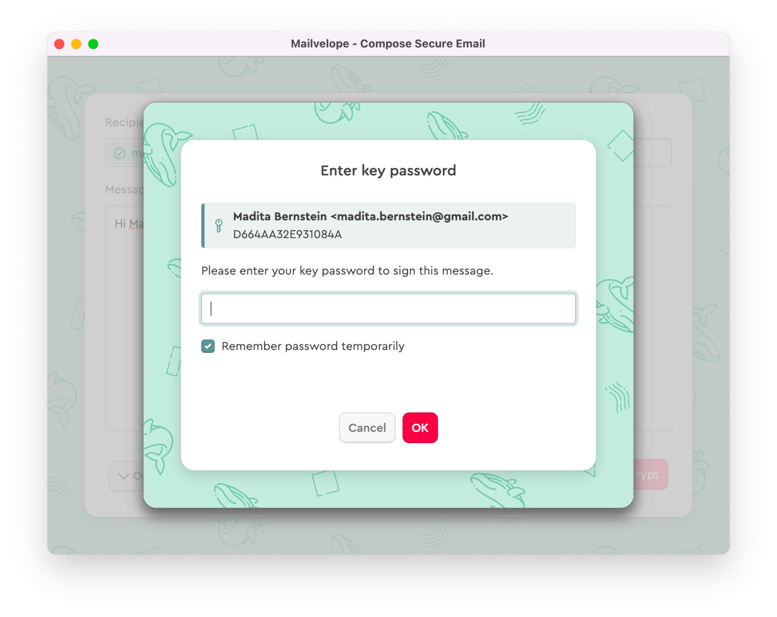 Mailvelope demande le mot de passe pour signer un message chiffré sur Outlook.com